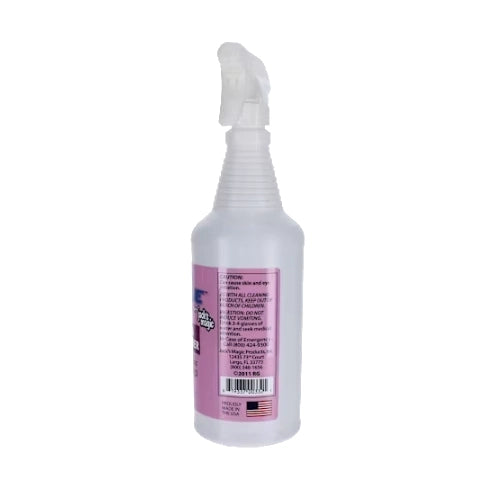tall translucent white plastic spray bottle with clear trigger and pink label on back showing caution and usage information