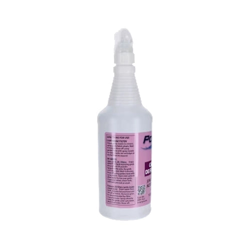 tall white plastic spray bottle with a ridged neck and a pink label containing text instructions