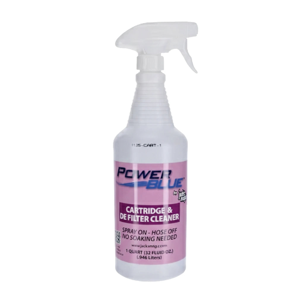 tall white plastic spray bottle with trigger top and purple label for cartridge and DE filter cleaner