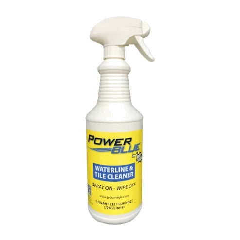 white plastic spray bottle with trigger top labeled Power Blue Waterline and Tile Cleaner with yellow and blue label