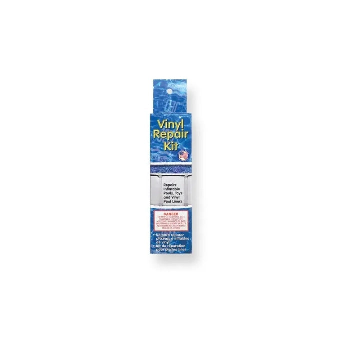 JED Pool Tools Vinyl Repair Kit box, blue packaging with water graphic, text noting it repairs pools, toys, and liners