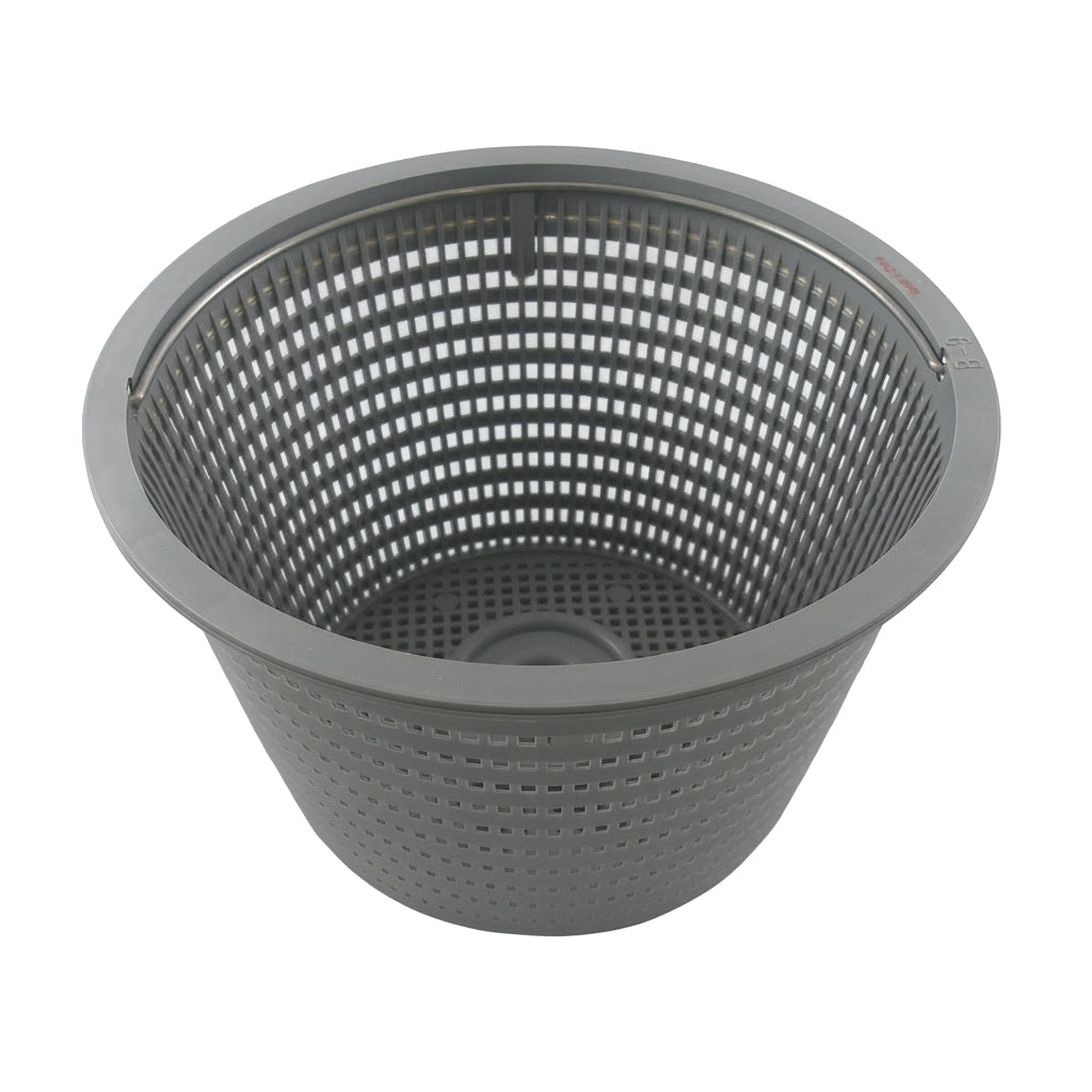 Gray tapered JED Pool Tools skimmer basket 46-1070E-B with perforated mesh sides and metal carry handle.