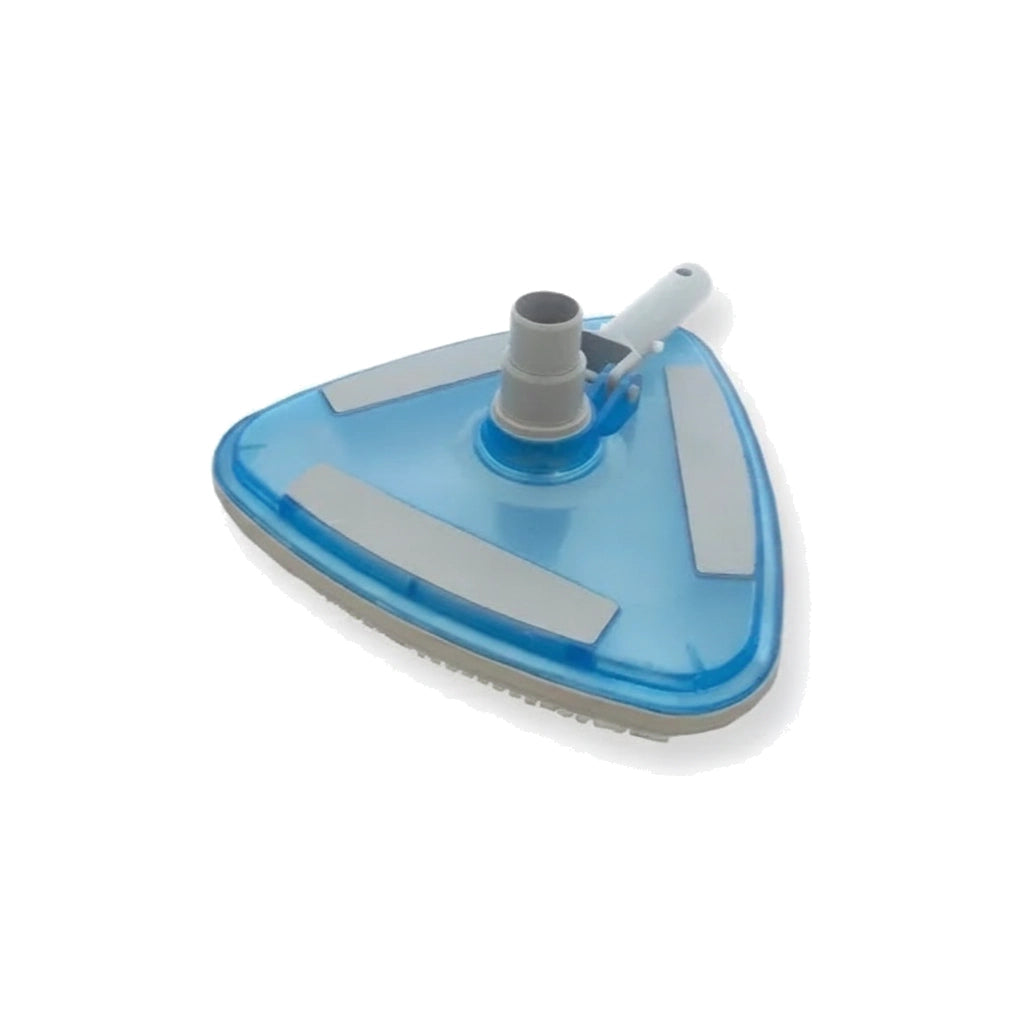 JED Clear View Pool Vacuum Head in blue, triangular shape with gray brush strips and swivel hose port