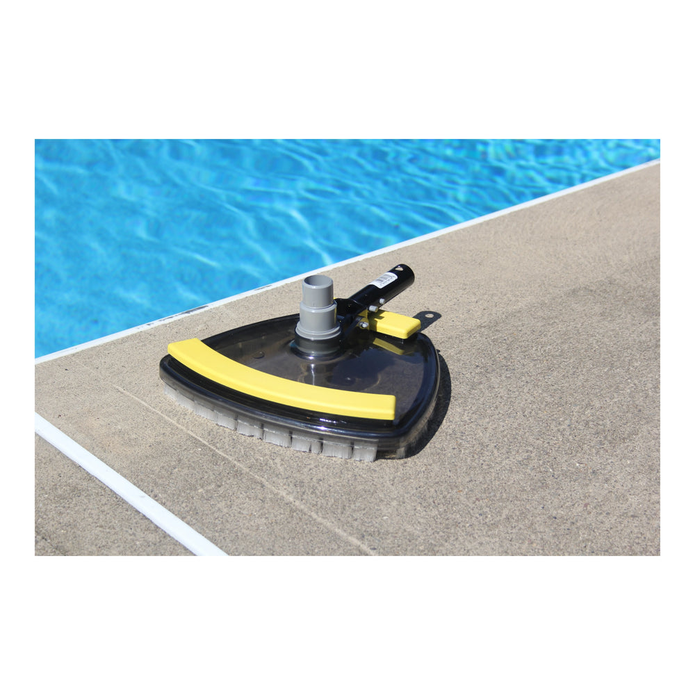 JED Commercial Clear View pool vacuum head with yellow handle clips and bristle edges on pool deck