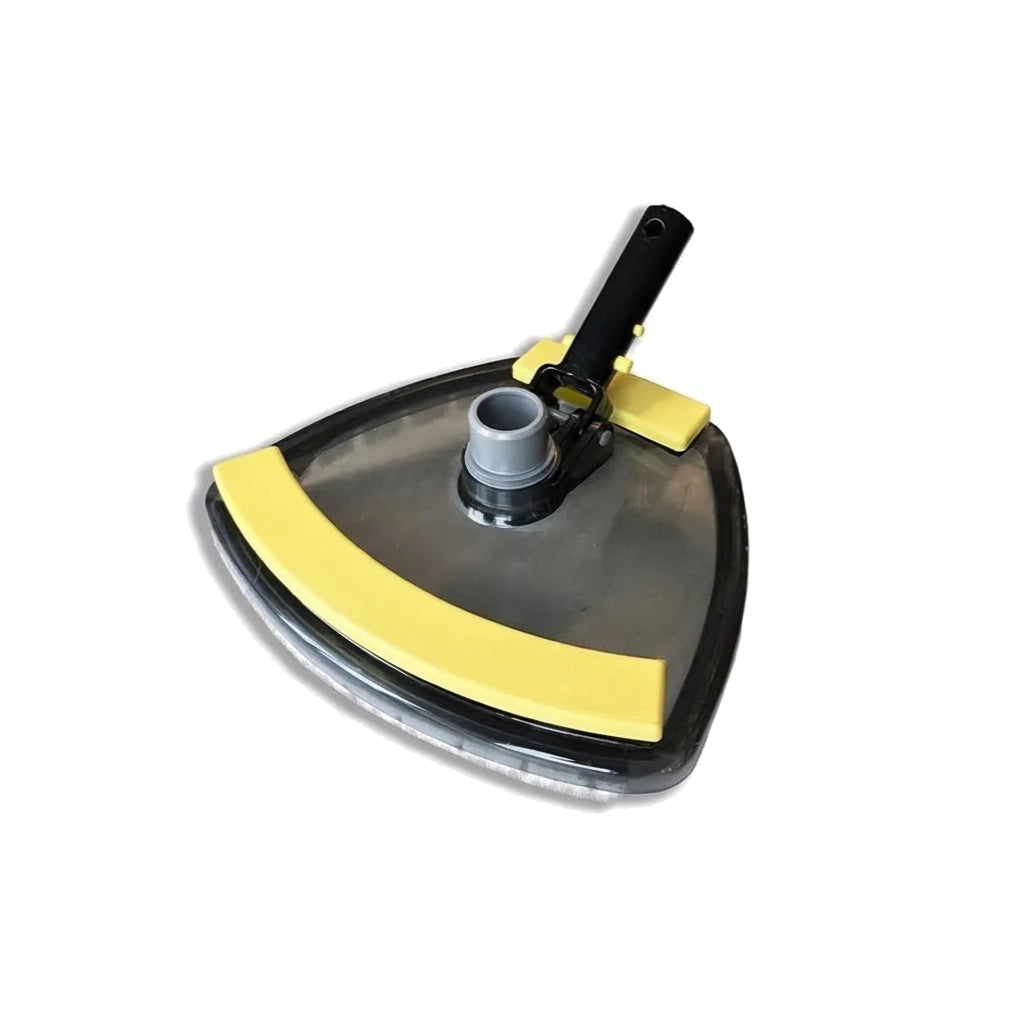 JED Commercial Clear View pool vacuum head with yellow bristle edges, gray hose adapter, and black EZ clip handle