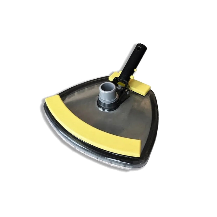 JED Commercial Clear View pool vacuum head with yellow bristle edges, gray hose adapter, and black EZ clip handle