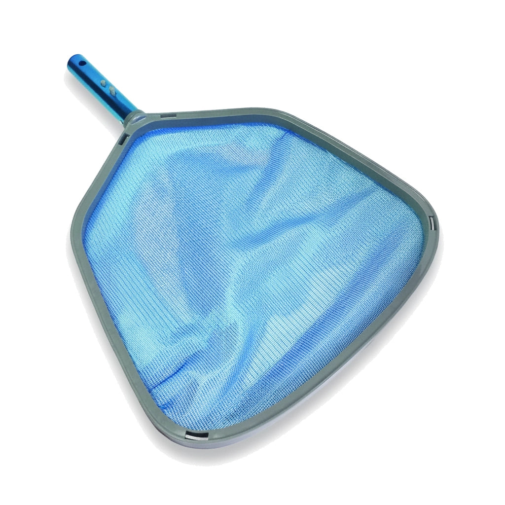 JED Deluxe Frame Pool Leaf Skimmer with gray plastic frame, blue nylon mesh net, and blue aluminum handle