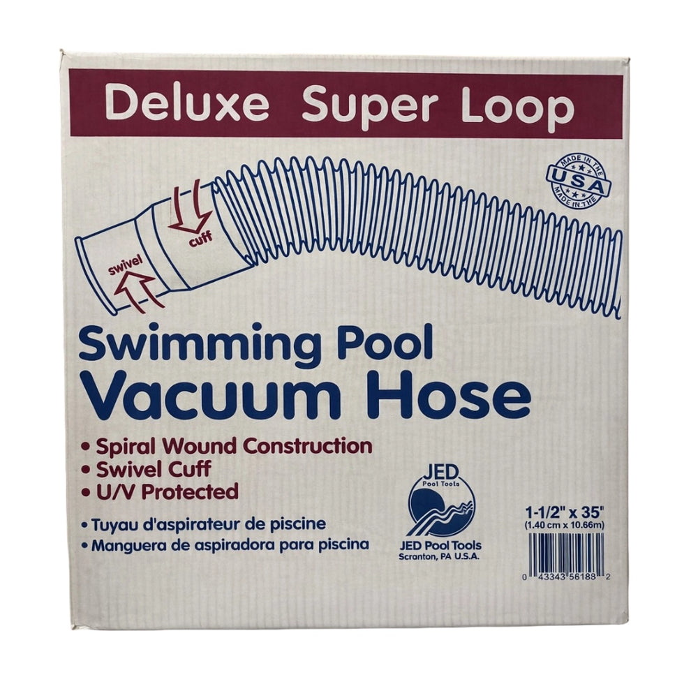 JED Deluxe Super-Loop pool vacuum hose box showing spiral-wound hose diagram, swivel cuff detail, and 1-1/2" x 35" size.