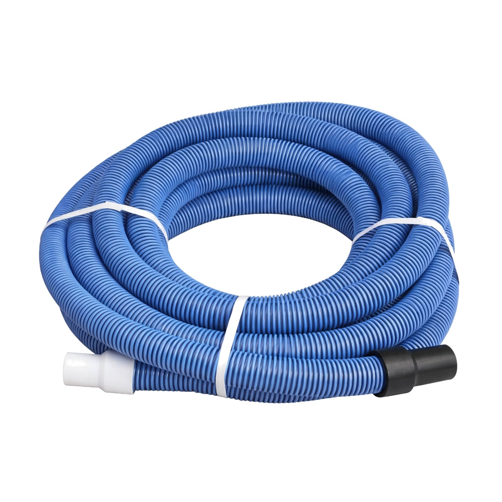 Coiled blue spiral-wound JED Deluxe Super-Loop pool vacuum hose with white swivel cuff and black end, bundled with ties.