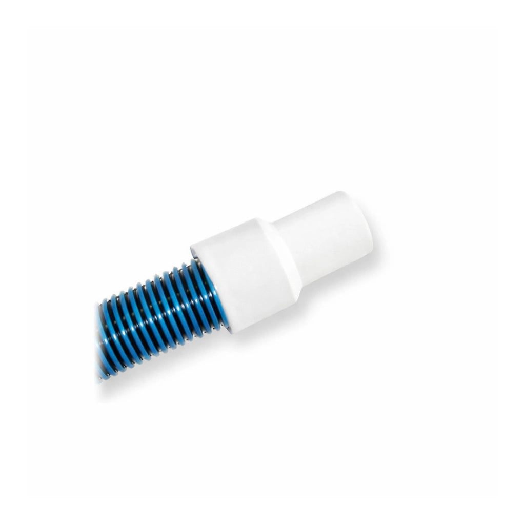 White plastic swivel cuff end of JED Deluxe Super-Loop pool vacuum hose with blue spiral-wound tubing.