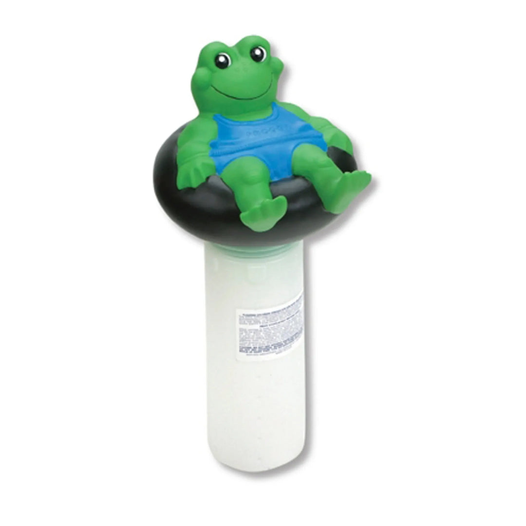 JED Froggy Pool Chlorine Dispenser with green frog in black inner tube atop a white tablet canister