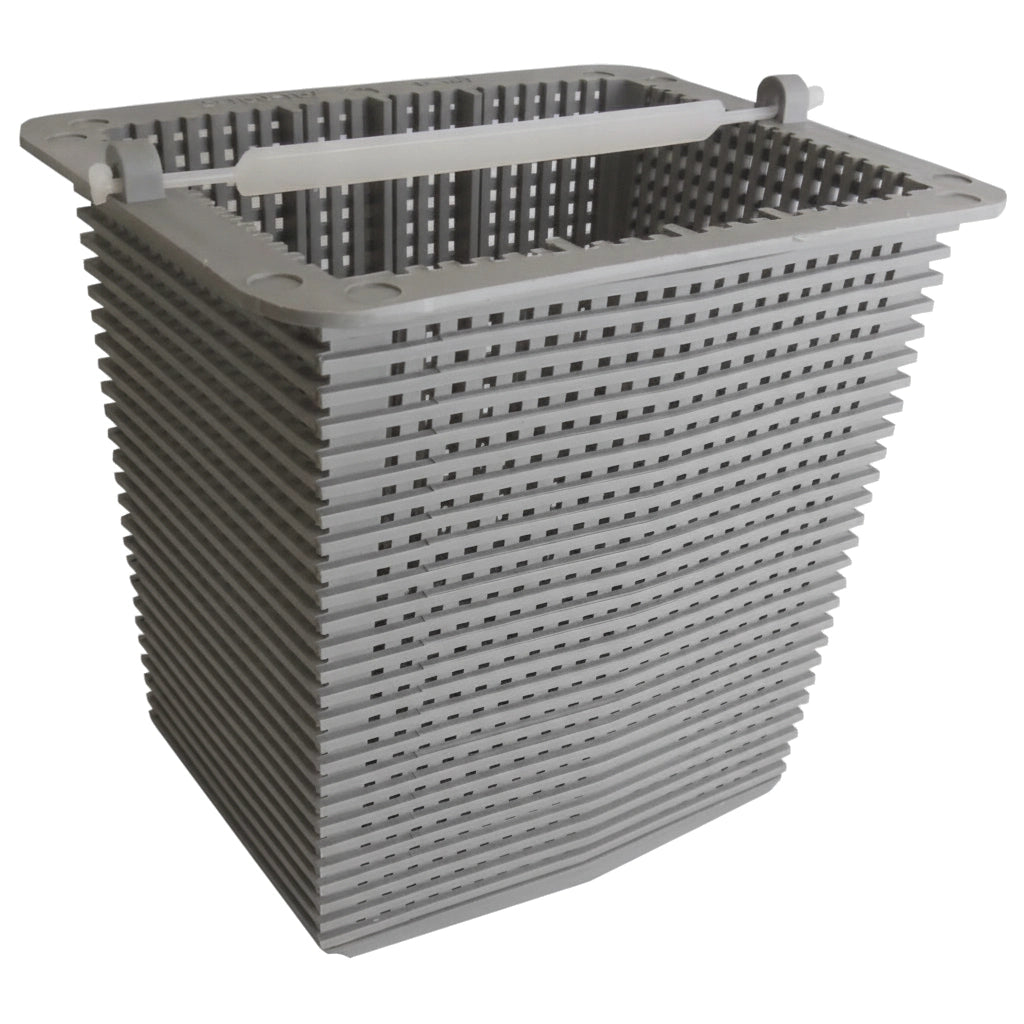 Gray square-shaped JED Hayward-style pump strainer basket with perforated slatted sides and white lift handle.