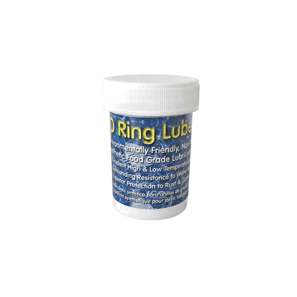 White 1.75 oz tub of JED Pool "O" Ring Lube with blue label, text partially visible, cap on.