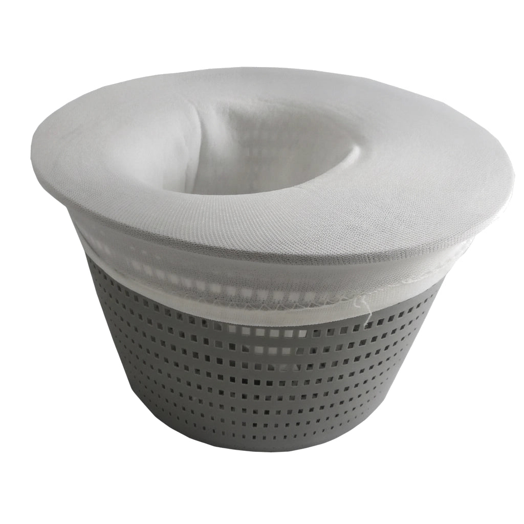 Gray perforated pool skimmer basket with white mesh JED sock stretched over its rim