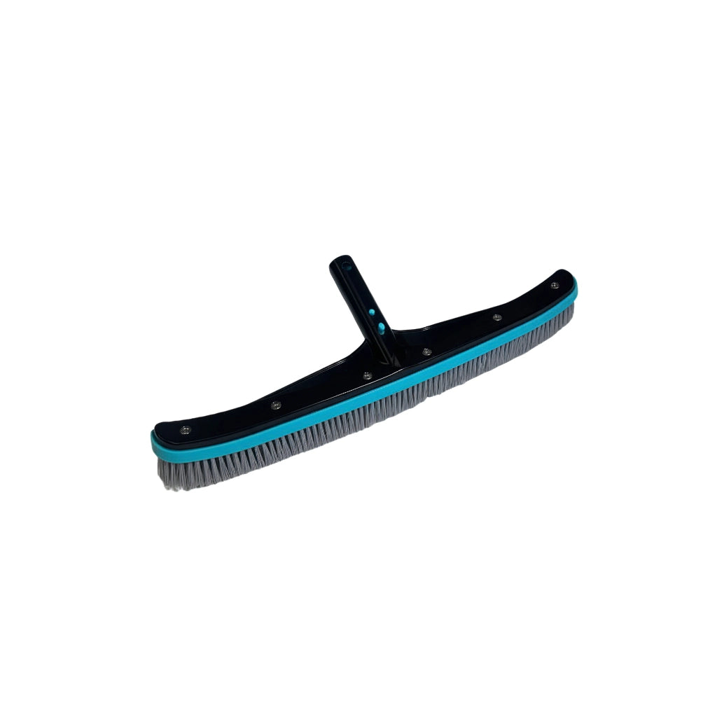 JED Pro 18" nylon bristle pool brush with curved black and teal enameled aluminum back and EZ clip handle