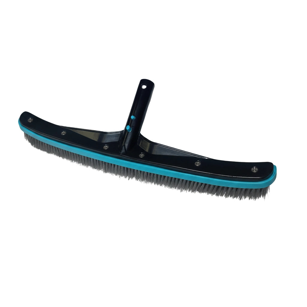 JED Pro 18" pool brush with curved stainless steel bristles, black enameled back, and teal trim along the edge