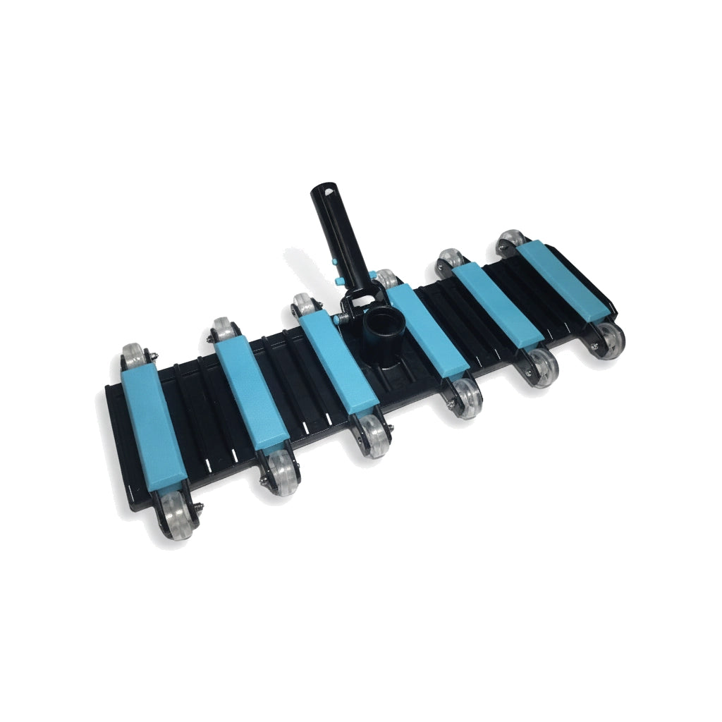 JED Pro 19" flexible pool vacuum head with teal bumpers, black frame, rolling wheels, and angled hose port