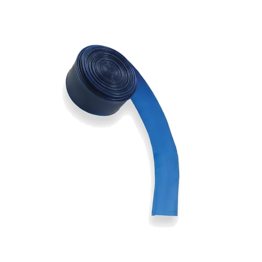 Coiled blue vinyl JED pool backwash hose, 1-1/2" diameter, flattened and partially uncoiled on white background.