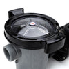 Waterway 2 HP Hi-Flo 2 dual-speed above ground pump with black lid and transparent top cover showing warning text and US flag sticker