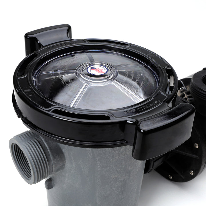 Waterway 2 HP Hi-Flo 2 dual-speed above ground pump with black lid and transparent top cover showing warning text and US flag sticker