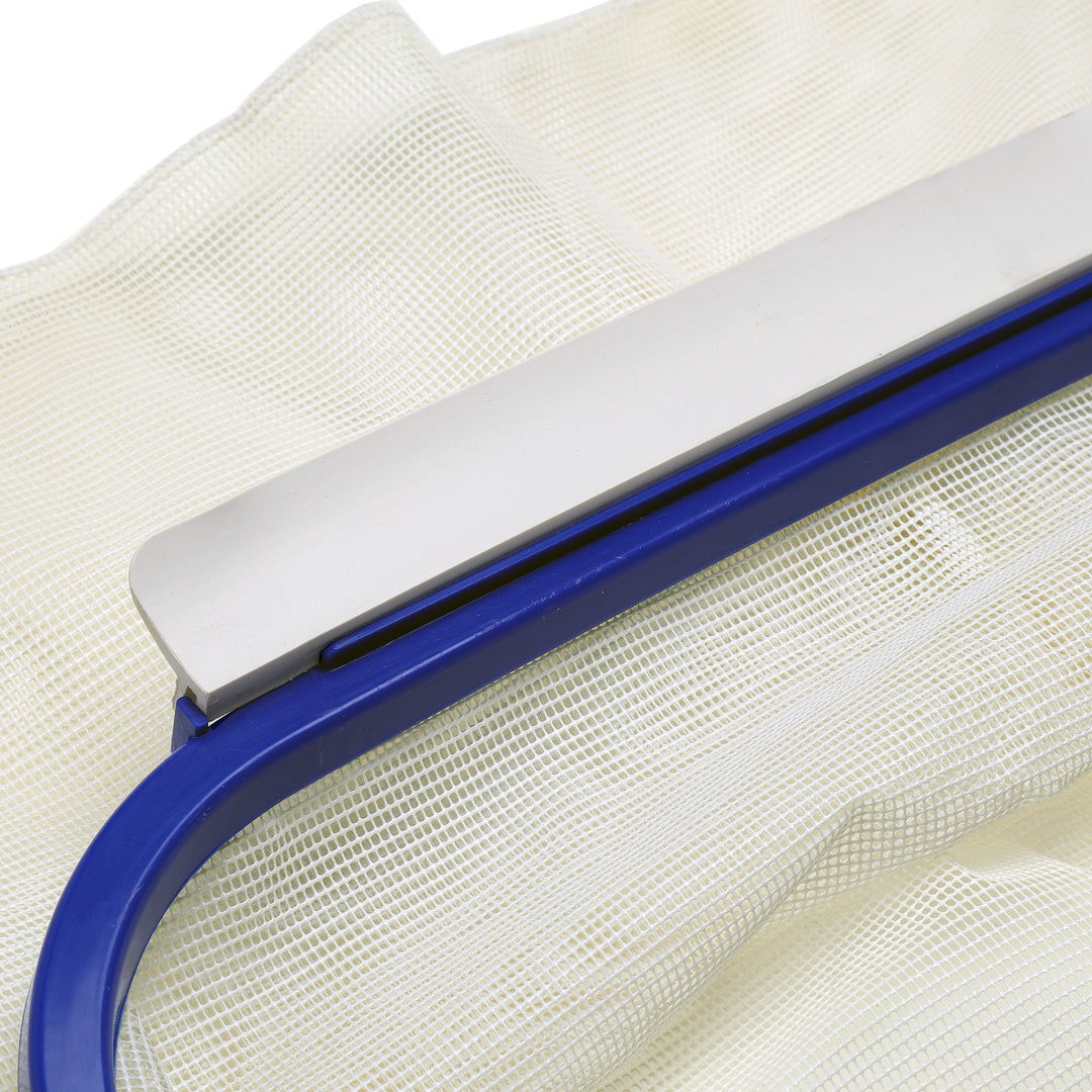 close-up of ocean blue heavy duty aluminum leaf rake showing blue frame and fine white mesh netting for pool cleaning