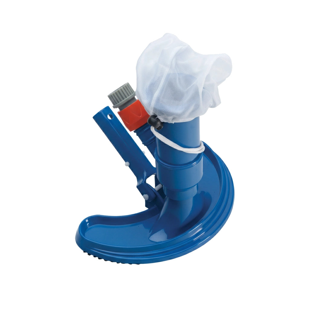 blue curved vacuum head with attached white mesh net and red and gray plastic connector on a white background