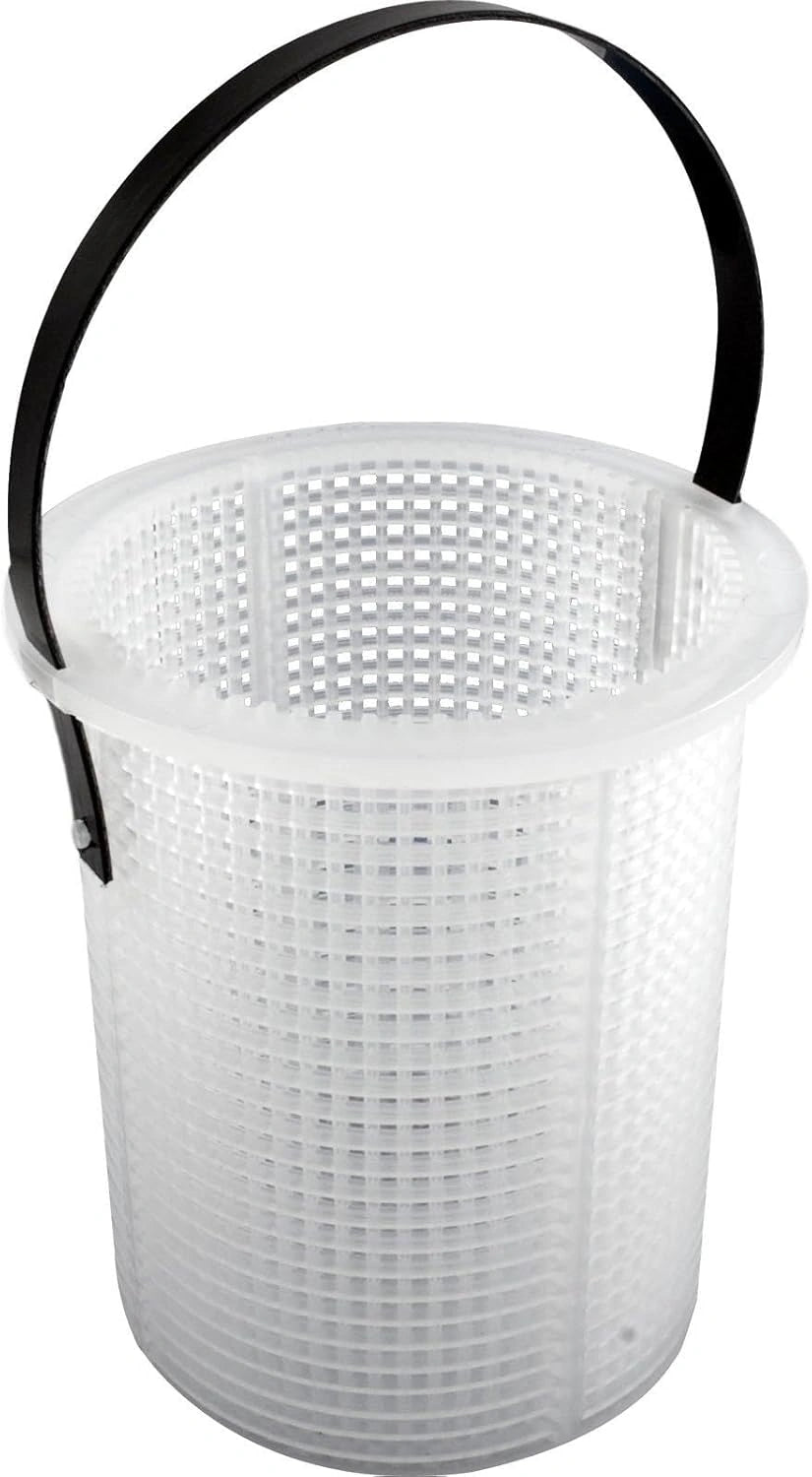 Clear plastic trap basket with small square perforations and a black curved handle attached on both sides