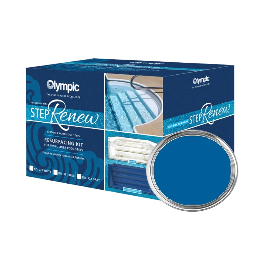Blue rectangular packaging box with pool step repair kit visuals and a close-up of blue paint color in a round container