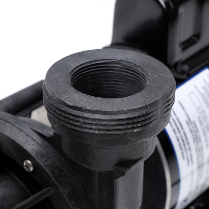 close-up of black threaded pipe fitting on Waterway 2 HP Hi-Flo 2 Dual-Speed Above Ground Pump showing detailed texture and plastic material