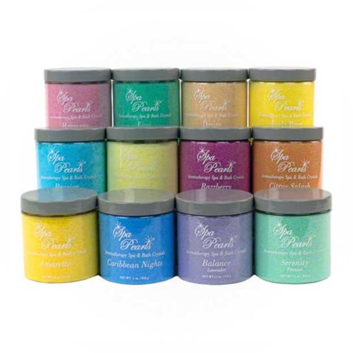 stacked jars of Spa Pearls aromatherapy crystals by Inspration Inc in various colors with grey lids showing different scents and 11oz size each