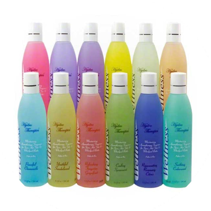 Assorted Wellness 8oz Liquid Aromatherapy bottles by Insparation Inc in various pastel colors with white caps and centered label text