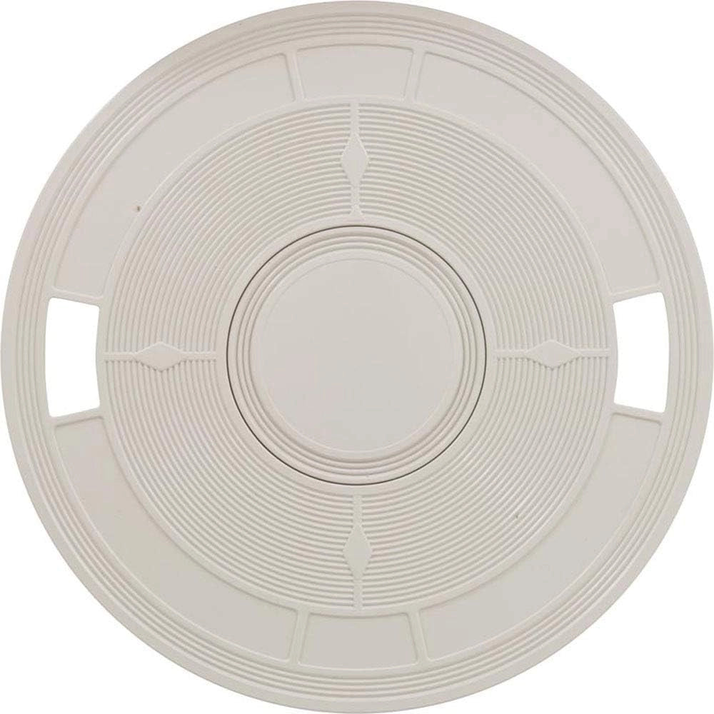 white circular skimmer lid with concentric ridges and geometric patterns on the surface with two cutout handles on opposite sides