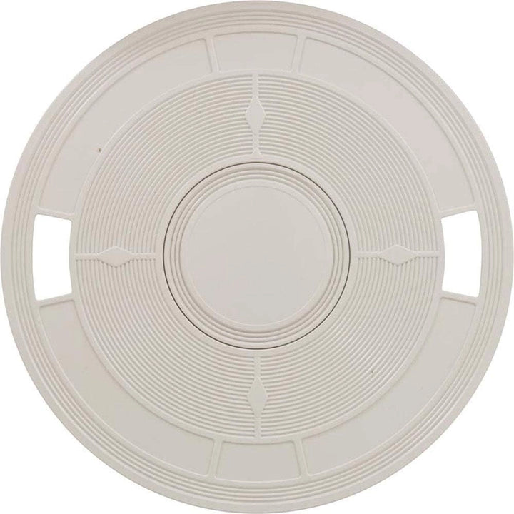 white circular skimmer lid with concentric ridges and geometric patterns on the surface with two cutout handles on opposite sides