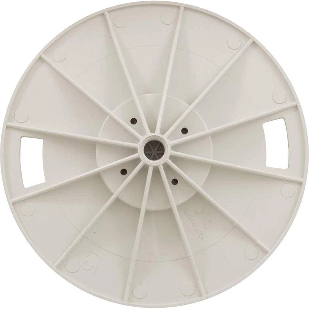 circular white skimmer lid with radial ribbed design and central hole surrounded by five small holes