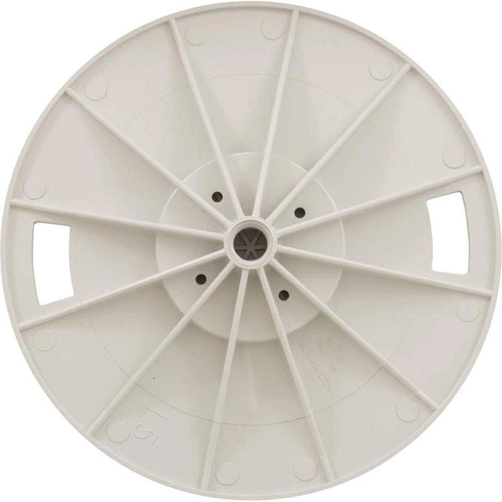 circular white skimmer lid with radial ribbed design and central hole surrounded by five small holes