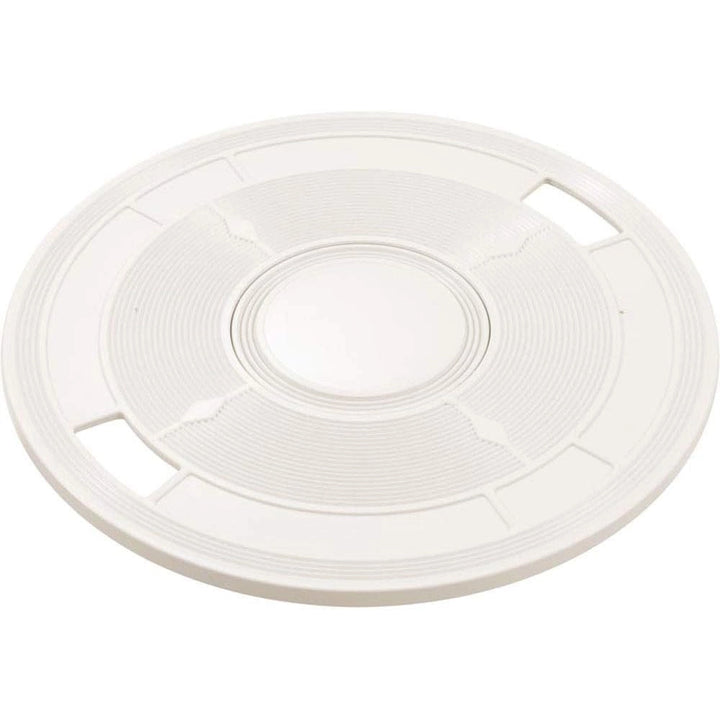 white circular skimmer lid with concentric ridges and two rectangular cutouts on the outer edge