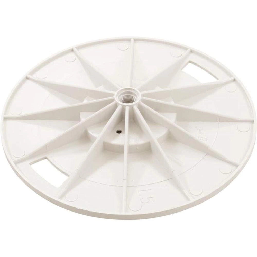 white round plastic skimmer lid with radial support structures and central threaded hole