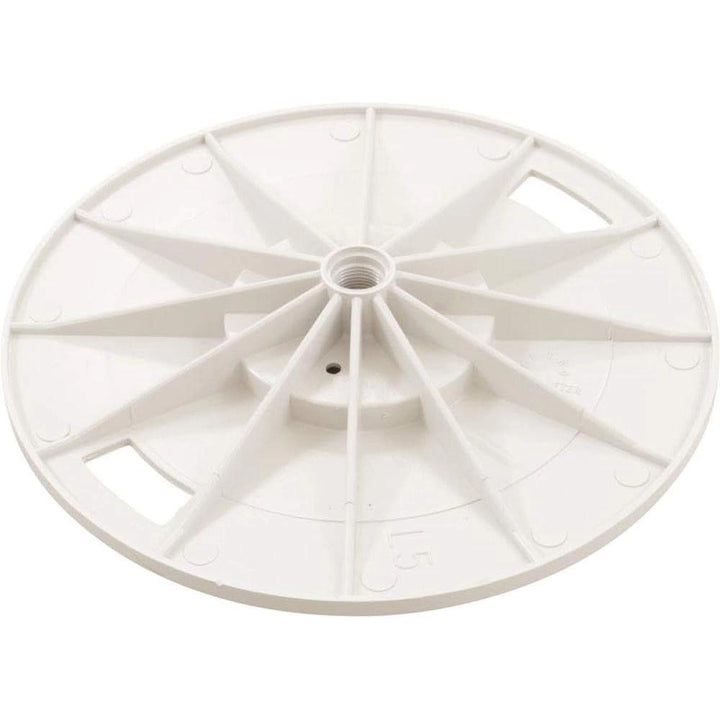 white round plastic skimmer lid with radial support structures and central threaded hole