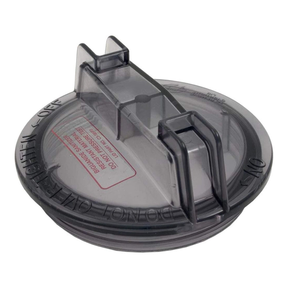 Pentair C3-185P3 round smoke-tinted acrylic trap cover with molded handle, "DO NOT OVER-TIGHTEN" text on rim.