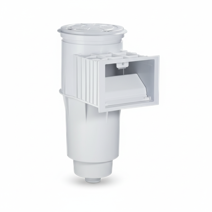 white cylindrical pool skimmer with rectangular weir opening and threaded bottom connection