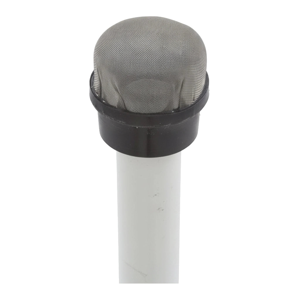 Pentair air bleed tube assembly with gray mesh screen cap and black collar on white PVC tube, part 170030