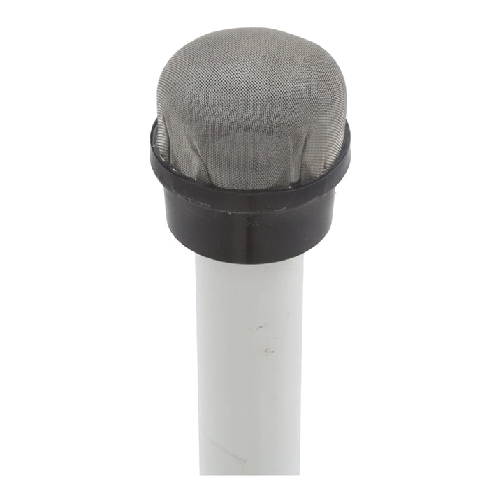 Pentair air bleed tube assembly with gray mesh screen cap and black collar on white PVC tube, part 170030