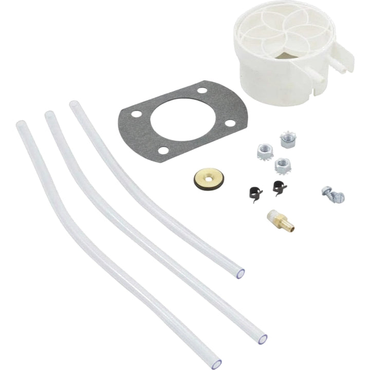 Pentair 77707-0254 air blower kit parts: white fan housing, gasket, brass fitting, clips, screws, and tubing.