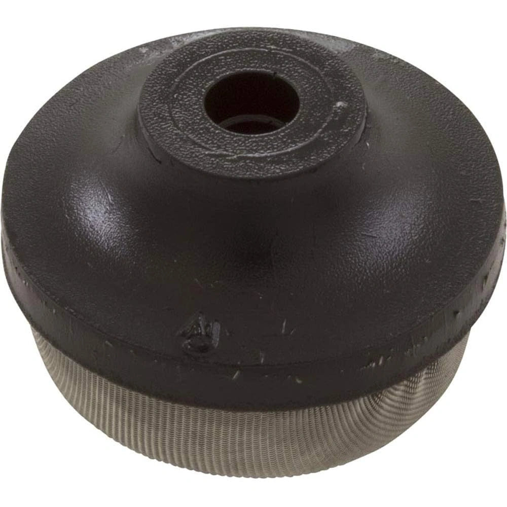 round black air relief strainer with central hole and fine metal mesh around the bottom edge