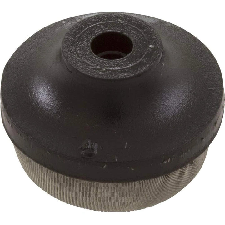 round black air relief strainer with central hole and fine metal mesh around the bottom edge