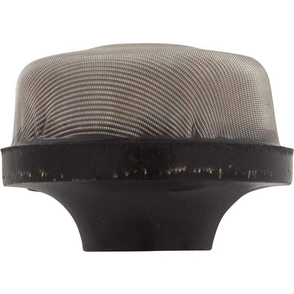 cylindrical strainer with fine metal mesh upper part and solid black base with a recessed center bottom