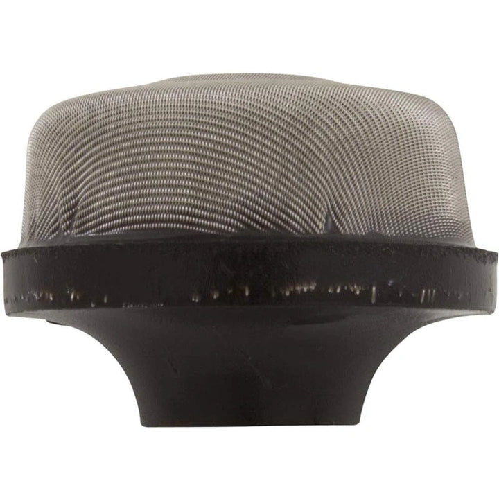 cylindrical strainer with fine metal mesh upper part and solid black base with a recessed center bottom