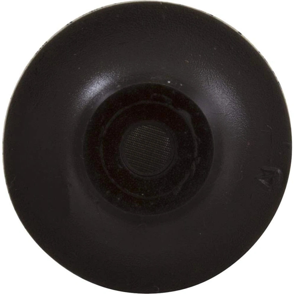 circular black air relief strainer component with a central mesh area and smooth textured surface