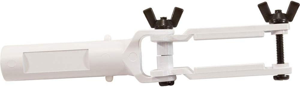 long white plastic device with a cylindrical section and open adjustable clamp featuring black wing nuts used for holding chlorine tablets