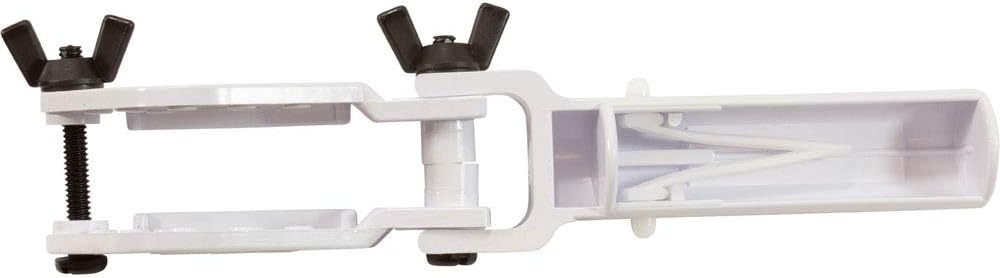 white plastic device with two black wing nuts on screws and a hollow handle designed for holding chlorine tablets
